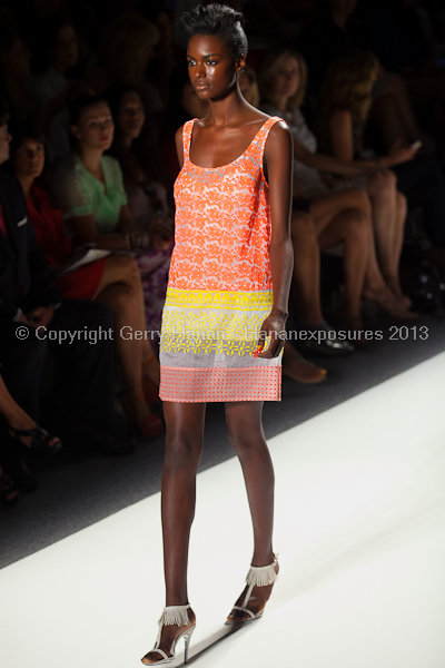 A model on the runway at the Tracy Reese SS2013 show at New York Mercedes-Benz Fashion Week.