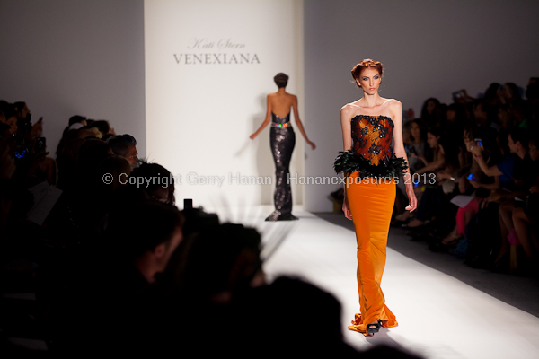 A model on the runway at the Venexiana SS2013 show at New York Mercedes-Benz Fashion Week.