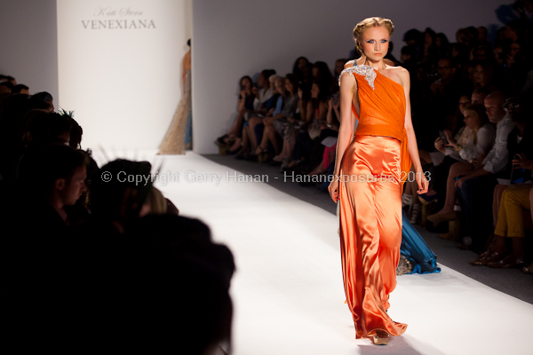 A model on the runway at the Venexiana SS2013 show at New York Mercedes-Benz Fashion Week.