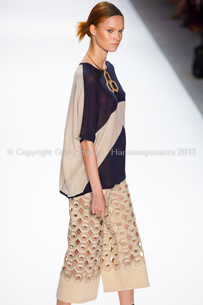 A model on the runway at the Vivienne Tam SS2013 show at New York Mercedes-Benz Fashion Week.