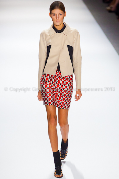 A model on the runway at the Vivienne Tam SS2013 show at New York Mercedes-Benz Fashion Week.