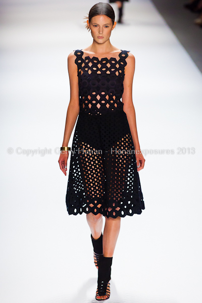 A model on the runway at the Vivienne Tam SS2013 show at New York Mercedes-Benz Fashion Week.