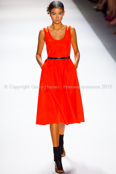 A model on the runway at the Vivienne Tam SS2013 show at New York Mercedes-Benz Fashion Week.