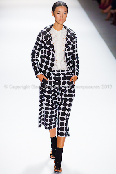 A model on the runway at the Vivienne Tam SS2013 show at New York Mercedes-Benz Fashion Week.