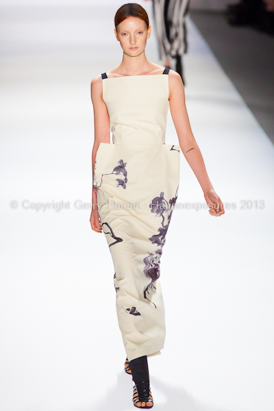 A model on the runway at the Vivienne Tam SS2013 show at New York Mercedes-Benz Fashion Week.