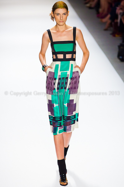 A model on the runway at the Vivienne Tam SS2013 show at New York Mercedes-Benz Fashion Week.