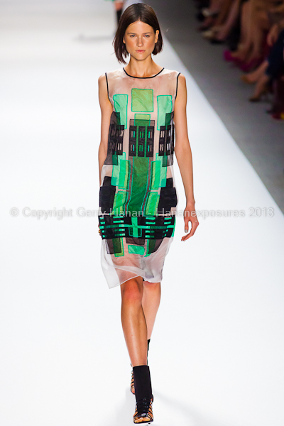 A model on the runway at the Vivienne Tam SS2013 show at New York Mercedes-Benz Fashion Week.