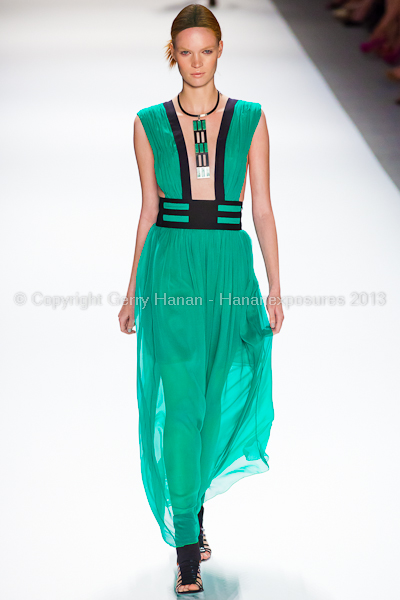 A model on the runway at the Vivienne Tam SS2013 show at New York Mercedes-Benz Fashion Week.