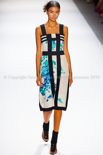 A model on the runway at the Vivienne Tam SS2013 show at New York Mercedes-Benz Fashion Week.