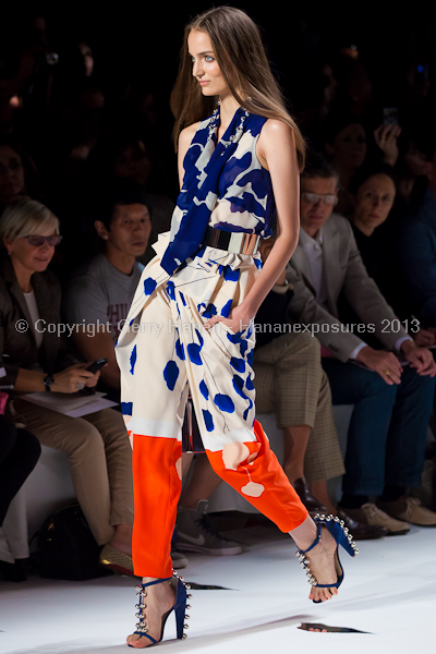 A model on the runway at the Diane Von Furstenberg SS2013 show at New York Mercedes-Benz Fashion Week.