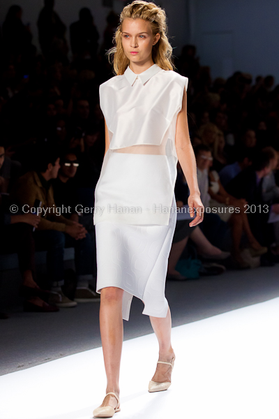 A model on the runway at the Osklen SS2013 show at New York Mercedes-Benz Fashion Week.