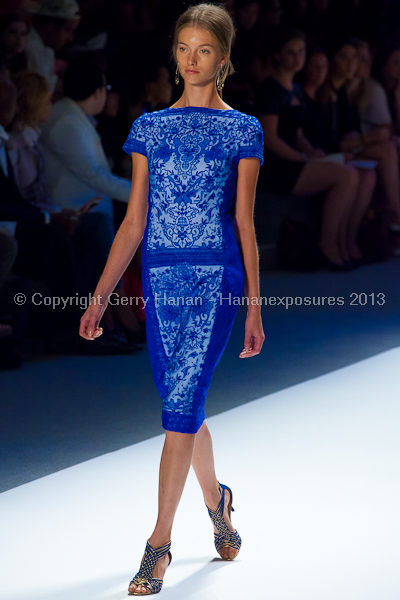 A model on the Tadashi Shoji SS2013 runway show during New York Mercedes-Benz Fashion Week.