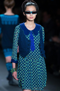 A model on the runway walking for the Anna Sui FW2013 show during Mercedes-Benz New York Fashion Week at the Lincoln Center in Manhattan, New York City.. Please email us to buy this image for online or print use of any nature for any length of time.