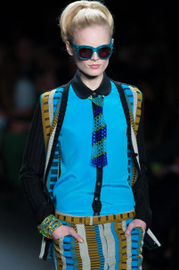 A model on the runway walking for the Anna Sui FW2013 show during Mercedes-Benz New York Fashion Week at the Lincoln Center in Manhattan, New York City.. Please email us to buy this image for online or print use of any nature for any length of time.