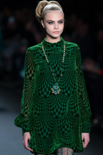 A model on the runway walking for the Anna Sui FW2013 show during Mercedes-Benz New York Fashion Week at the Lincoln Center in Manhattan, New York City.. Please email us to buy this image for online or print use of any nature for any length of time.