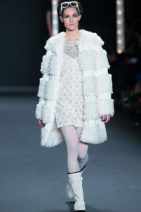 A model on the runway walking for the Anna Sui FW2013 show during Mercedes-Benz New York Fashion Week at the Lincoln Center in Manhattan, New York City.. Please email us to buy this image for online or print use of any nature for any length of time.