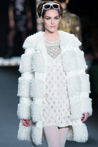 A model on the runway walking for the Anna Sui FW2013 show during Mercedes-Benz New York Fashion Week at the Lincoln Center in Manhattan, New York City.. Please email us to buy this image for online or print use of any nature for any length of time.