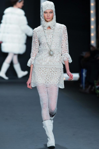 A model on the runway walking for the Anna Sui FW2013 show during Mercedes-Benz New York Fashion Week at the Lincoln Center in Manhattan, New York City.. Please email us to buy this image for online or print use of any nature for any length of time.