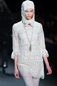 A model on the runway walking for the Anna Sui FW2013 show during Mercedes-Benz New York Fashion Week at the Lincoln Center in Manhattan, New York City.. Please email us to buy this image for online or print use of any nature for any length of time.