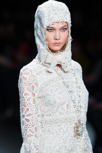 A model on the runway walking for the Anna Sui FW2013 show during Mercedes-Benz New York Fashion Week at the Lincoln Center in Manhattan, New York City.. Please email us to buy this image for online or print use of any nature for any length of time.